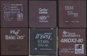 Jeweils ein 486er der großen Firmen: AMD Am486DX2-66, Cyrix Cx486DX2-66, IBM 486DX2-66, Intel i486DX2-66, ST 486DX2-66 und TI 486DX2-80