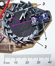 Foto zu Bild oben:1: Infrarotdiode 2: schwarze Streulichtkammer (geöffnet)3: Fotodiodepinkfarben: Strahlwege