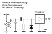 Unzutreffende Prinzipschaltung eines Transistor-Audions ohne Rückkopplung