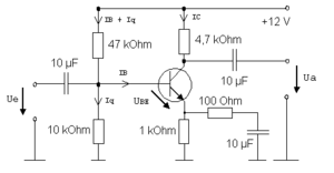 Kleinsignalverstärker für wenige Millivolt mit bipolarem Transistor in Emitterschaltung und Stromgegenkopplung.