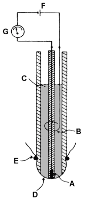 Clark-Elektrode: (A) Pt-Kathode (B) Ag/AgCl-Anode (C) KCl-Elektrolyt (D) Teflon-Membran (E) Gummiring(F) Batterie (G) Galvanometer